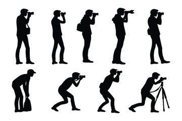 Photographer Silhouette Collection: A diverse collection of silhouette poses showcase photographers in various stances capturing images with their cameras