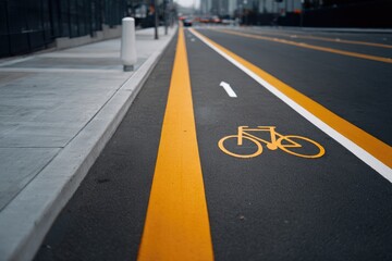 Wide bike lane marked with bright yellow stripes, emphasizing ur