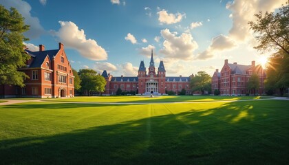 Obraz premium Panoramic illustration of red brick university campus buildings with towers and spires under blue sky with clouds. Rich green lawns and trees surround historic architecture, bathed in warm sunlight.