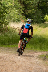 A mountain biker races through a sunny forest, navigating the trail in an exhilarating competition