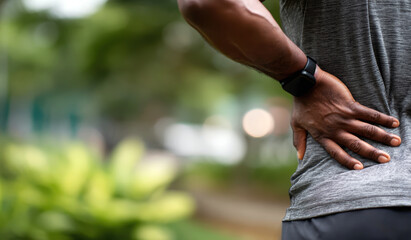 Male Jogger Holding Lower Back While Running Outdoors in Park on Sunny Day, Healthy Active Lifestyle Concept