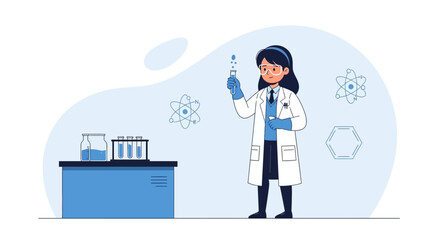 Female Scientist Examining Chemical Solution in Laboratory Environment Illustration
