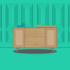 WOOD TABLE WITH BOWL AND BOTTLE DESIGN VECTOR