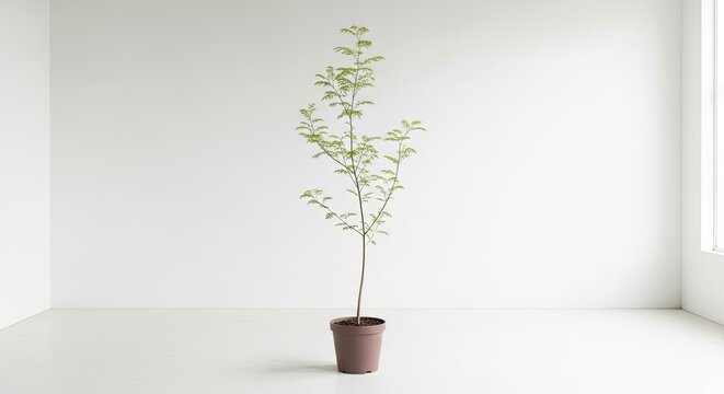 : Young Brya ebenus tree in brown pot, slender stem and light foliage,