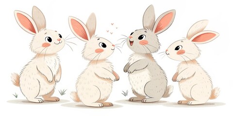 Obraz premium Adorable Bunny Illustration Four Cute Rabbits, Spring Animals, Cute Bunnies Rabbit art, digital painting