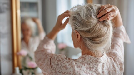 Person is styling their hair in front of mirror, showcasing graceful and elegant appearance. soft lighting enhances serene atmosphere, creating moment of self care and reflection