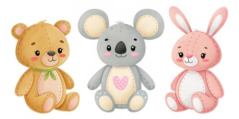 Obraz premium Adorable Watercolor Stuffed Animals Bear, Koala, Bunny, Cute Animal Illustration Keywords watercolor, plush