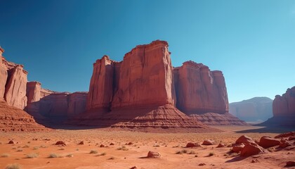 Vast desert landscape under clear blue sky, featuring towering red rock formations, formations sculpted by erosion. Arid terrain with sparse vegetation, scattered boulders. Scenery offers dramatic