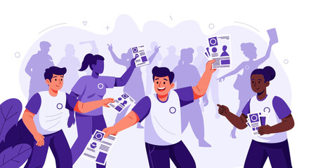 Enthusiastic volunteers actively promoting with flyers in a crowd for recruitment and community involvement