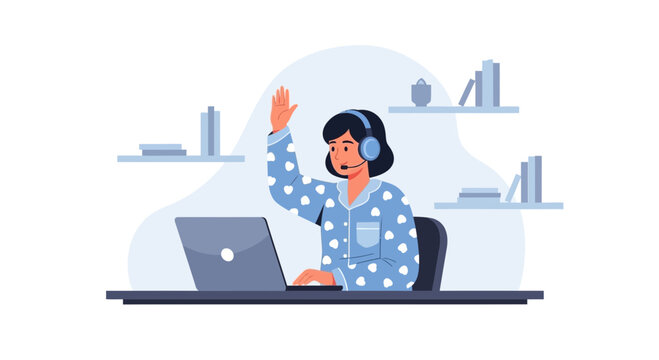 Enthusiastic Woman In Pajamas Participating Actively During A Virtual Online Meeting