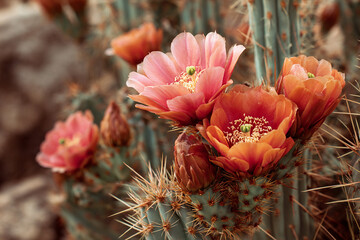 Desert cactus with vibrant flowers and spiky thorns in a realistic dry landscape with natural lighting