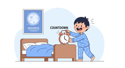 Fototapeta premium Excited boy in pajamas turning off alarm clock in bedroom illustration