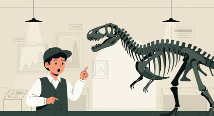 Excited Boy Points to Dinosaur Fossil Skeleton Exhibit in Museum
