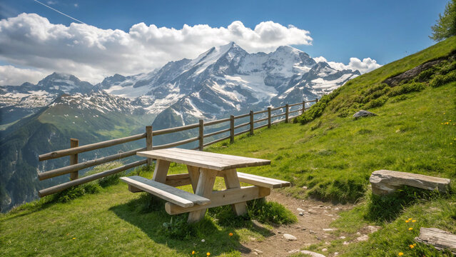 Wooden picnic table on grassy alpine slope with snow capped mountains