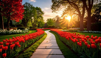 Scenic garden path at sunset