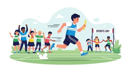 Excitement And Teamwork In School Athletics Carnival Relay Race Cartoon