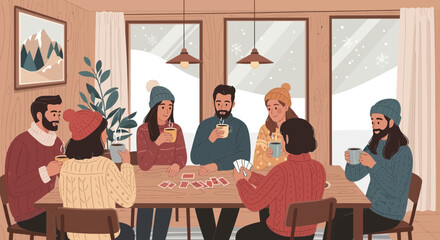 Friends Gathered In Cozy Cabin Enjoying Coffee and Cards on Winter Day