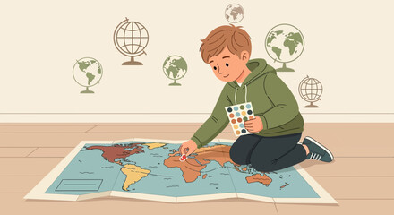 Exploring Continents Young Boy Pinning Destinations On World Map Education
