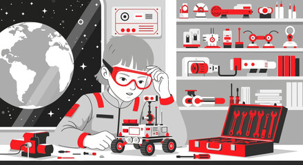 Future Engineer Building a Mars Rover Model Near the Earth Illustration