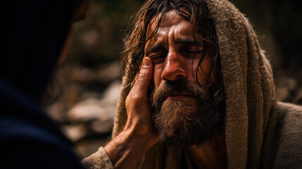 Jesus gently touches a blind man&rsquo;s eyes by a foggy riverbank in Bethsaida; morning mist lifts as the man&rsquo;s face brightens with tears of recognition...