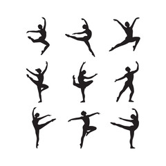 Collection of ballet dancer silhouettes in various graceful poses isolated on a white background
