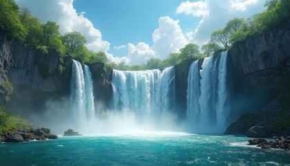 Majestic waterfall cascades into serene blue pool surrounded by green plants, rocky cliffs under bright blue sky with white clouds. Powerful water flow creates mist, tranquil, impressive natural