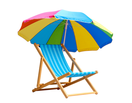  “Foldable Beach Chair and Multicolor Umbrella for Summer Holidays, isolated on a transparent background”.