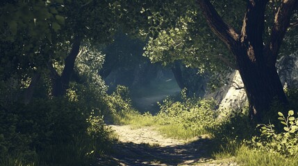 Lush forest path leads between trees with dappled sunlight on the ground