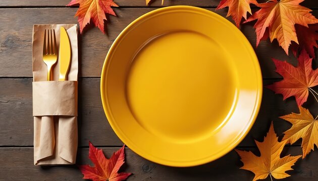 Vibrant autumn table setting with yellow plate, golden cutlery, colorful maple leaves on rustic wood. Experience cozy dining, celebrate holidays, embrace togetherness with this warm, inviting scene. - Powered by Adobe