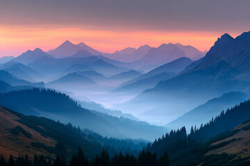 Obraz premium Soft fog drifting through mountain valleys at sunrise creating a calm and photorealistic morning landscape