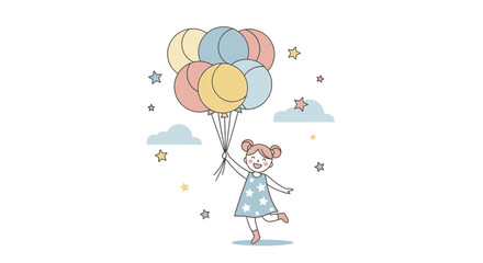 Girl Holding Balloons Illustration with Clouds and Stars for Celebration and Joyful Atmosphere