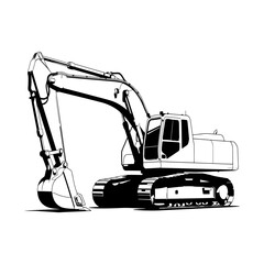 Excavator black and white illustration on white background