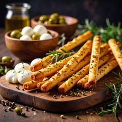 Crispy breadsticks with cheese and olives