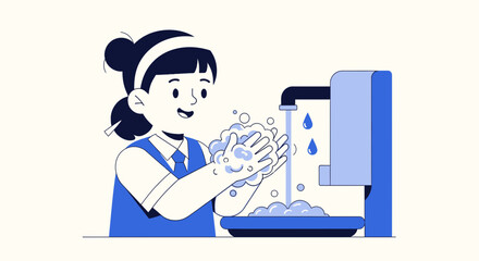 Girl In Uniform Washing Hands With Soap And Water For Hygiene
