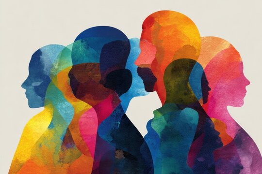 Diversity and inclusion concept with colorful silhouettes merging into unified shape 