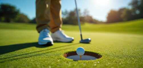 Golfer aims putter at ball on tee near hole on green grass course. Sunny day for sport, recreation, leisure. Man wears white shoes, tan pants. Focus on golf game, putting precision, outdoor activity.