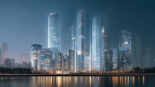 Futuristic Glass Skyscrapers with Digital Light Effects
