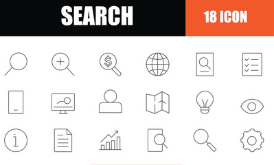 Search icon set in minimal line style includes magnifying glass SEO digital marketing data analysis research management investigation and online browsing tools