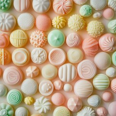 Pastel Candy Collection.  Gourmet Sweets, Flat Lay,  Soft Focus,  Creamy Textures,  Elegant Food Photography.