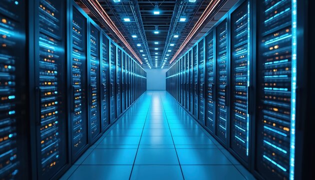 Modern data center with rows of glowing server racks. Network infrastructure hums with digital data storage. Blue lights illuminate the aisle, signifying advanced technology and high-speed networking.