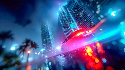 Futuristic skyscrapers glow in neon pink and blue under thick fog in a cyberpunk-style cityscape