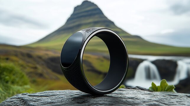 Smart ring displaying data on rock with mountain and waterfall backdrop