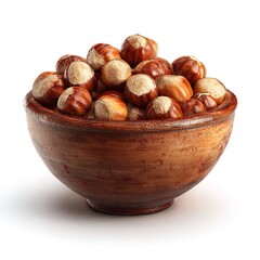 Obraz premium Wooden bowl filled with fresh hazelnuts on white background