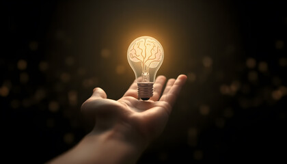 A hand holding a glowing light bulb with a brain inside, symbolizing a bright idea, innovation, intelligence, and creative thinking against a dark background
