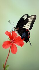 Black and white butterfly lands on red flower against soft green background
