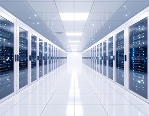 Modern server room interior, showcasing rows of server cabinets.
