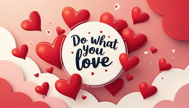 Motivational phrase Love in vibrant modern illustration. Charming hearts, pink, red, white colors create cheerful, uplifting atmosphere. Minimalistic design perfect for stickers, cards, social media,