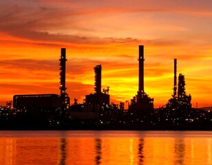 Naklejka premium Silhouette of industrial complex at sunset over water