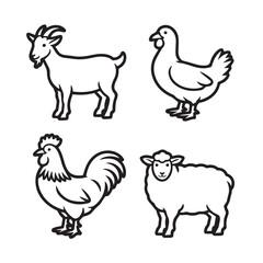 Fototapeta premium Set of farm animals including a goat, chicken, rooster, and sheep, depicted in a simple line art style, isolated on white background