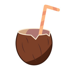 Tropical Coconut Drink with Straw Vector Illustration. A brown coconut opened at the top, filled with a refreshing tropical beverage and adorned with a light orange striped straw.
